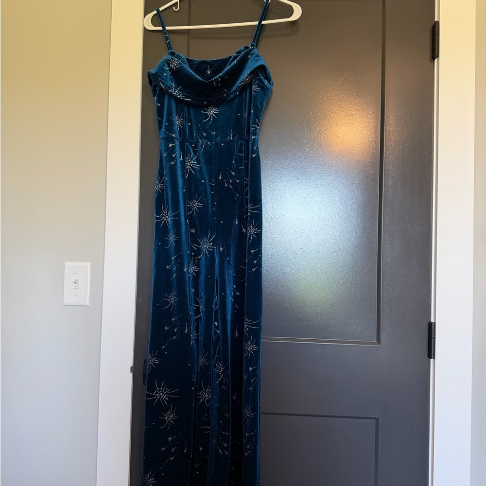 Blue Velvet Embellished Spaghetti-Strap Jumpsuit